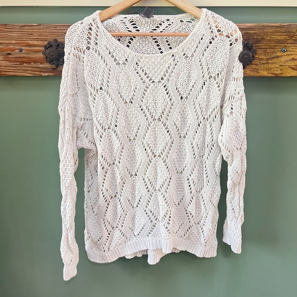 Eddie Bauer Womens XL Cream Cotton Open Knit Diamond Pointelle Sweater Pullover